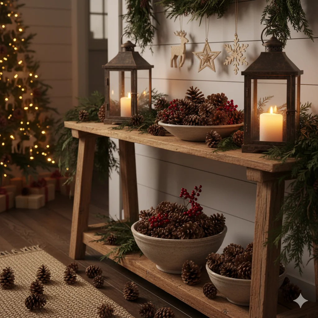 15 Christmas Entryway Decor Tips to Make Your Home Festive 12 Rustic Pinecones and Wood