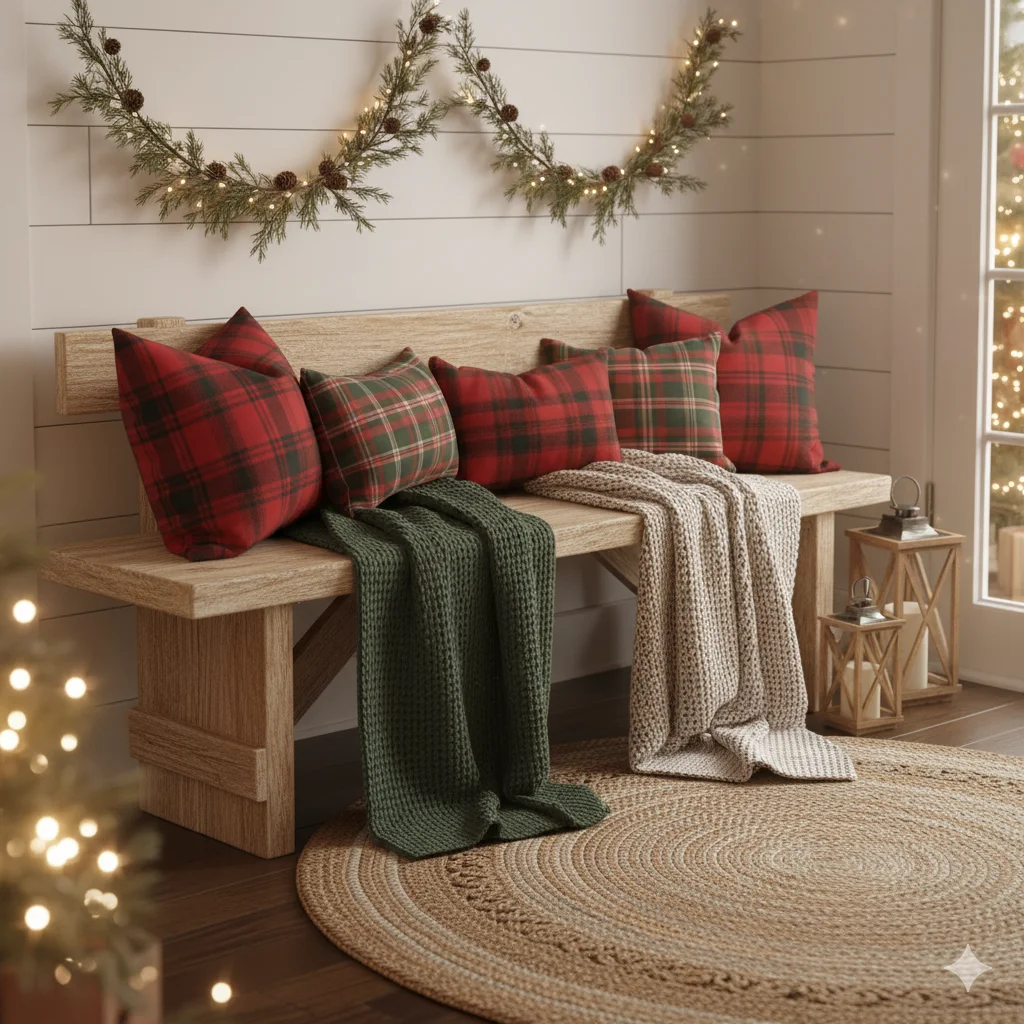 15 Christmas Entryway Decor Tips to Make Your Home Festive 3 Rustic Wooden Bench with Plaid Pillows
