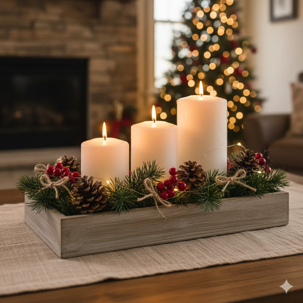 15 DIY Candle Décor Ideas for Christmas 2026 2 Rustic farmhouse Christmas candle tray