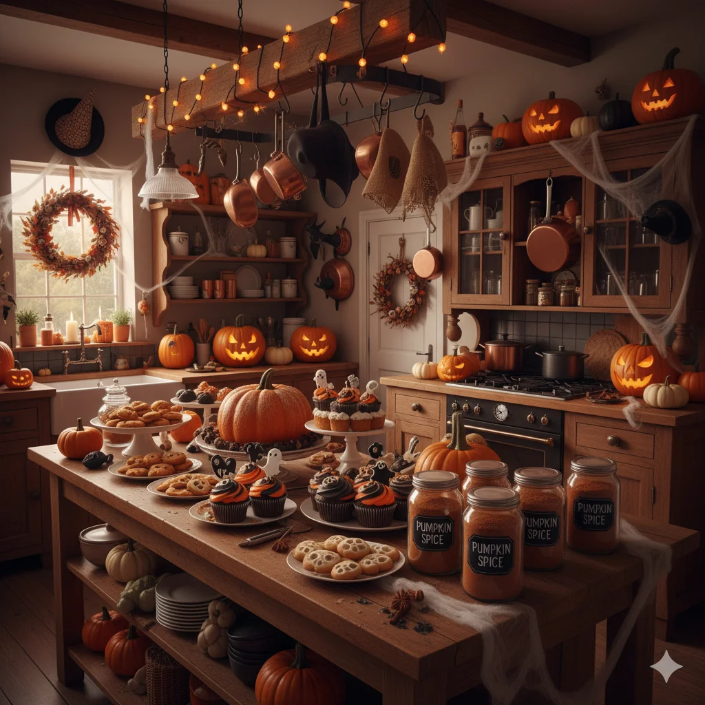 17 Spooky Season Home Decor Ideas That’ll Make Your Space Hauntingly Beautiful 13 Rustic kitchen with Halloween themed treats
