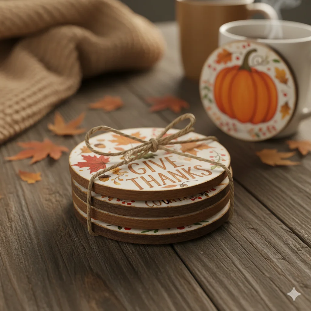13 Unique Thanksgiving DIY Gifts You Can Make in a Day 4 Set of hand painted wooden coasters