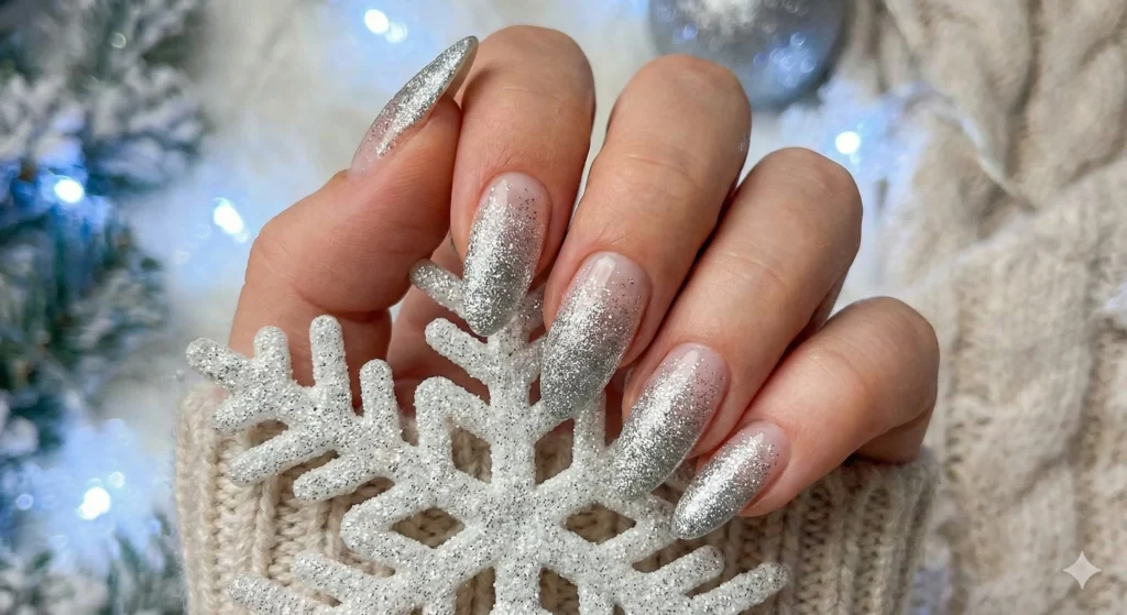 20 Christmas Nail Ideas 2025 – Trendy, Classy & Aesthetic Holiday Nails 15 Silver Glitter Gradient Nails