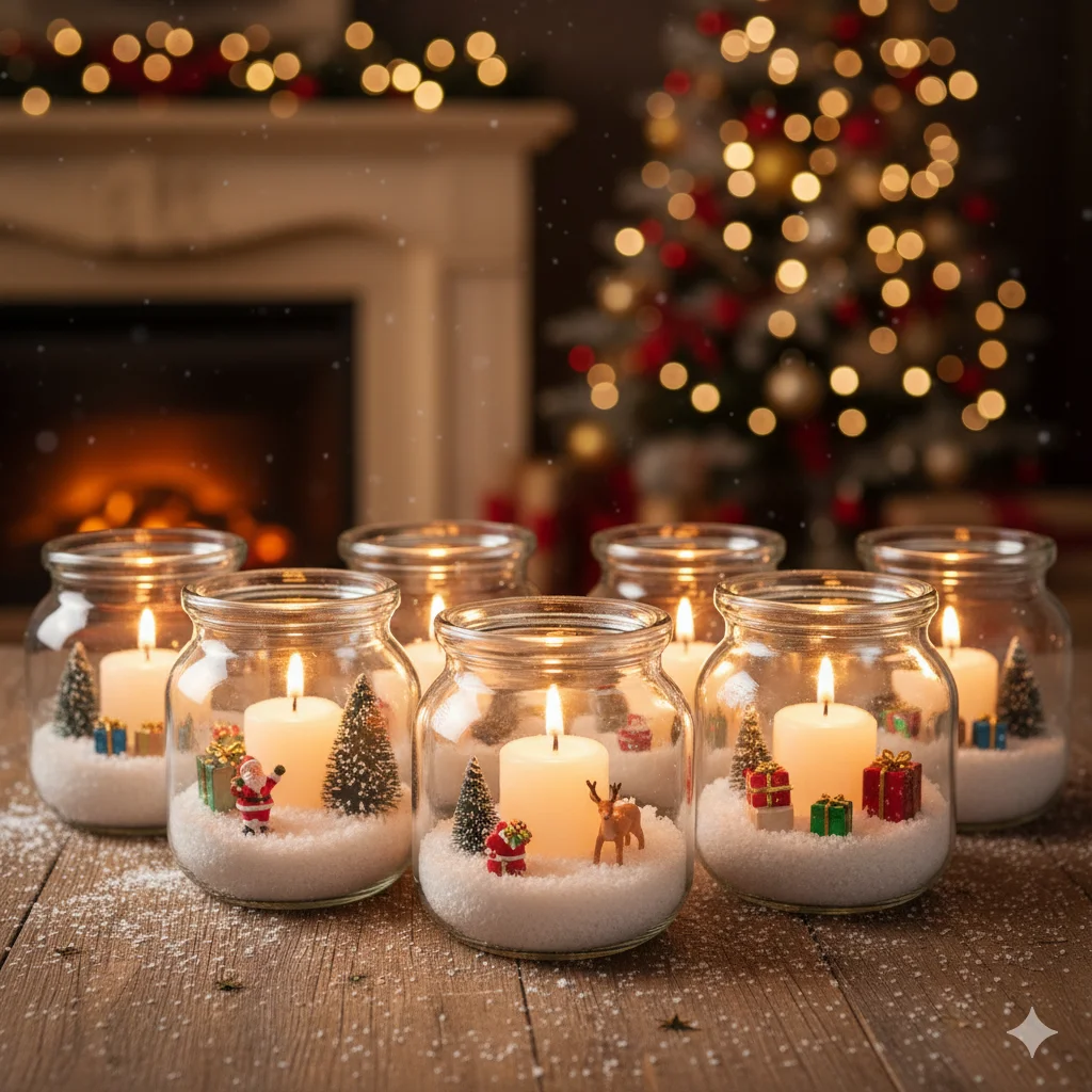 15 DIY Candle Décor Ideas for Christmas 2026 10 Snow globe candle jars