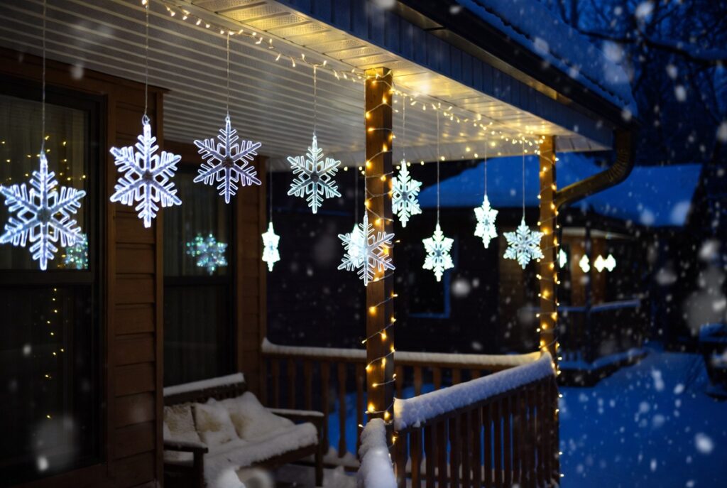 17 Magical Christmas Outdoor Decor Ideas to Transform Your Home This Holiday Season 3 Snowflake String Lights