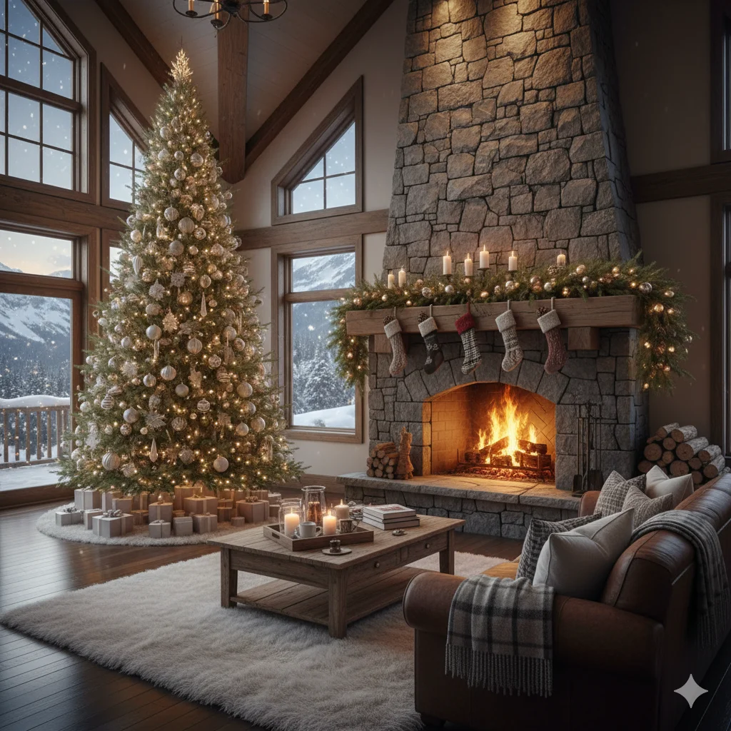 15 Cozy Christmas Living Room Ideas to Transform Your Home This Holiday Season 15 Snowy Mountain Lodge Christmas