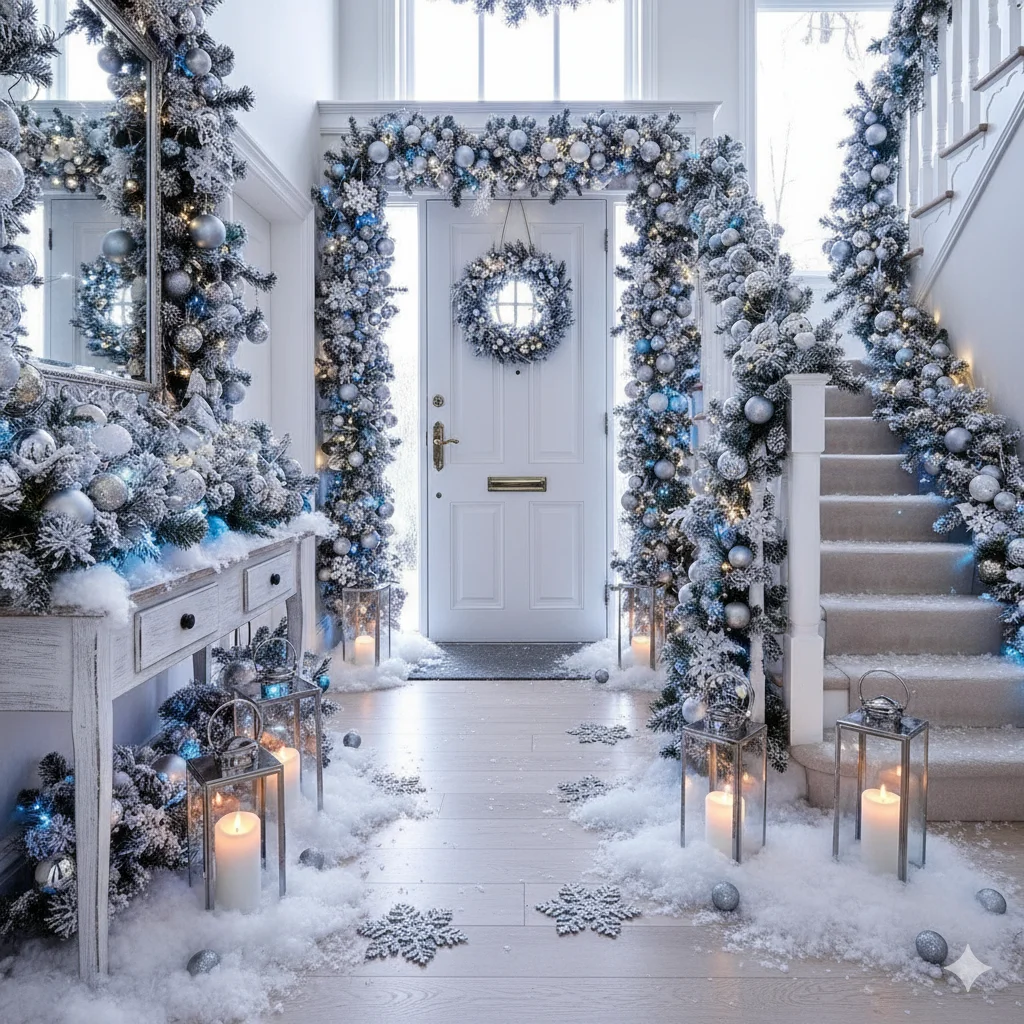 15 Christmas Entryway Decor Tips to Make Your Home Festive 9 Snowy Winter Wonderland Theme