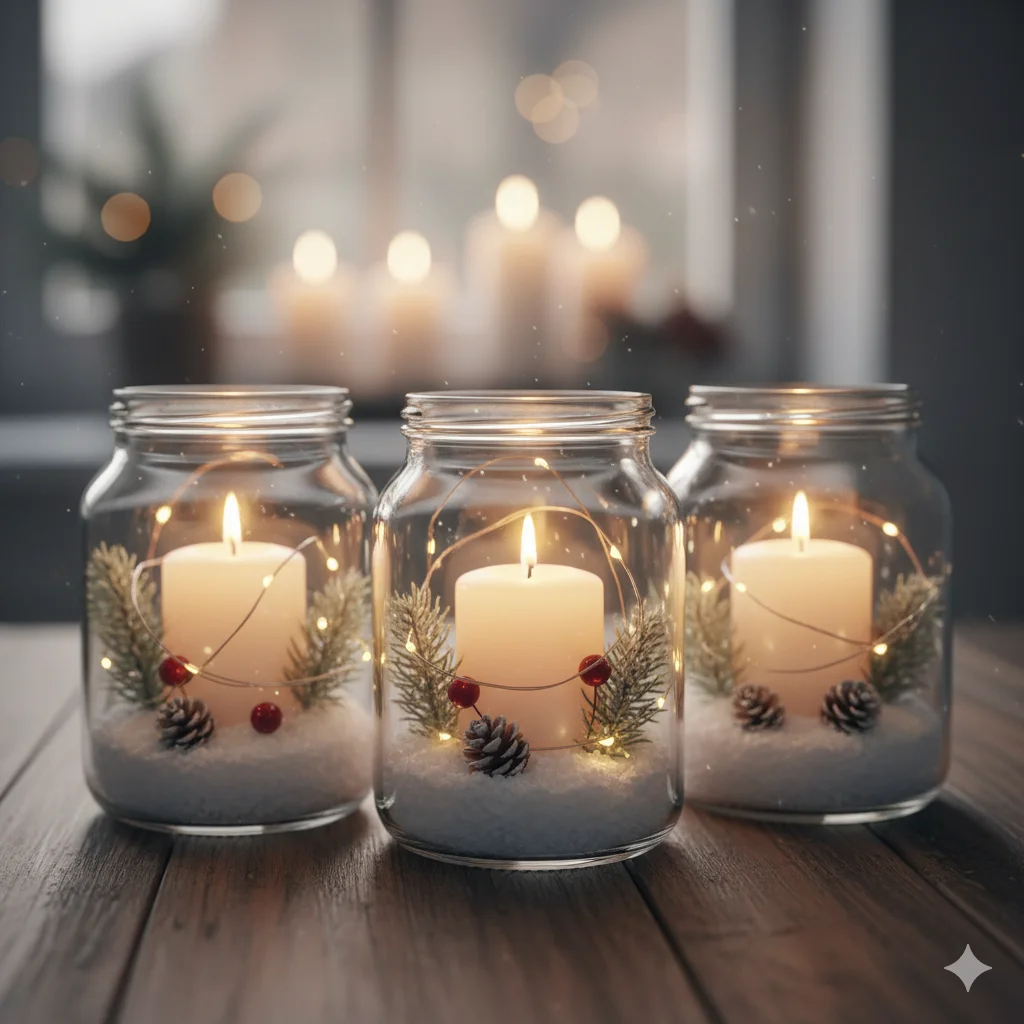 15 DIY Candle Décor Ideas for Christmas 2026 3 Snowy winter candle jar
