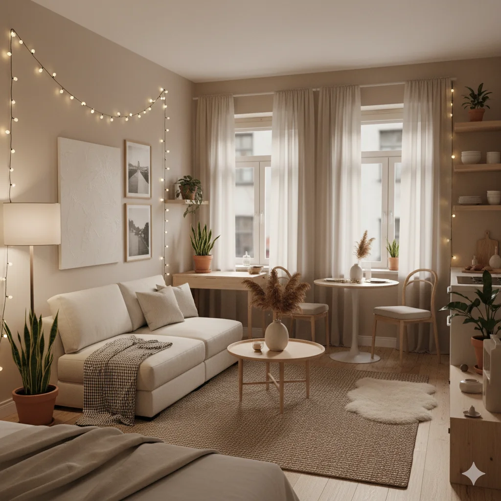 13 Minimalist Holiday Decor Ideas for Small Spaces 3 String Lights Everywhere