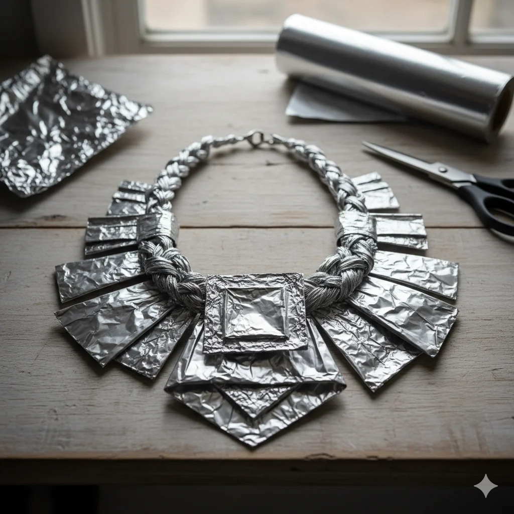 17 Creative Recycled Jewelry DIY Ideas for Eco-Friendly Fashion 16 Tin Foil Statement Necklace