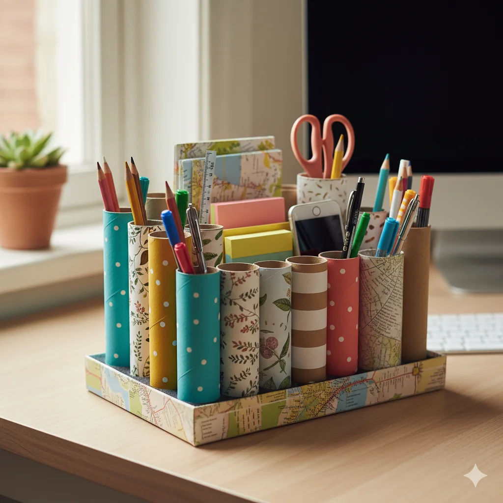 10 DIY recycled craft ideas for kids and family activities 9 Turn toilet paper rolls into desk organizers