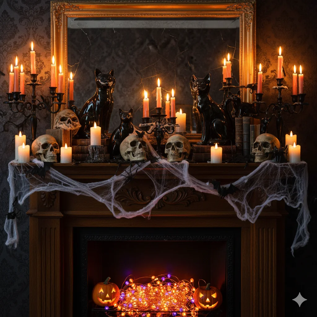 17 Spooky Season Home Decor Ideas That’ll Make Your Space Hauntingly Beautiful 15 Vintage style Halloween mantel with black cat figurines