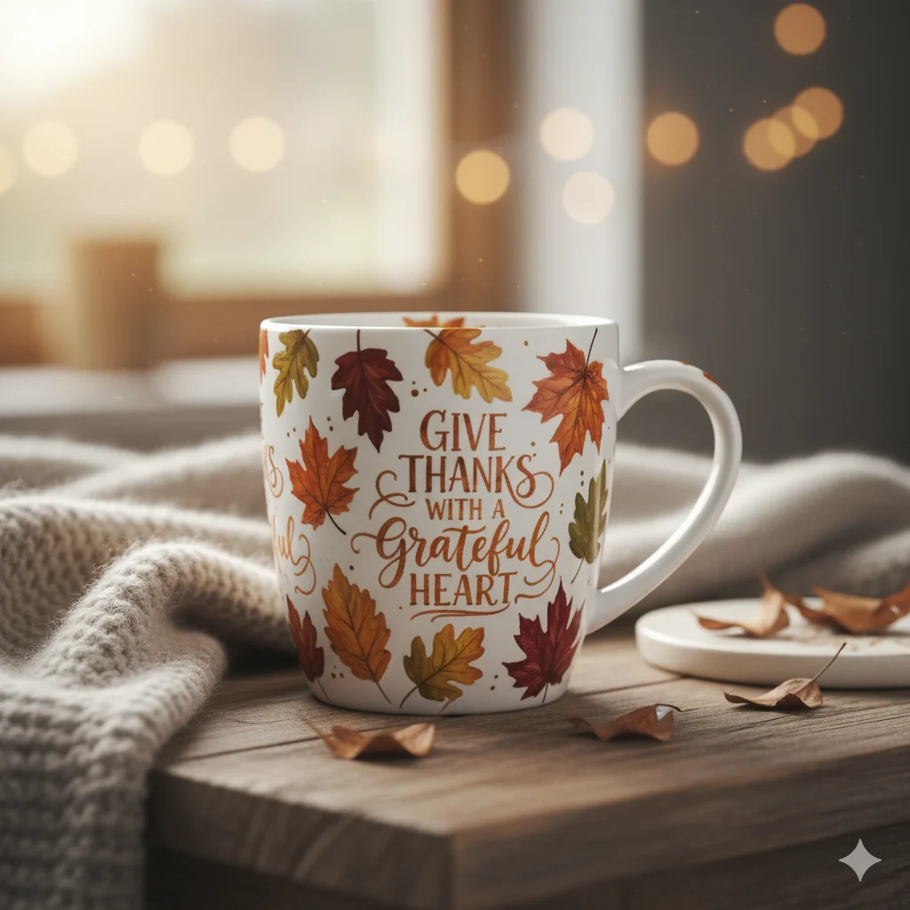 13 Unique Thanksgiving DIY Gifts You Can Make in a Day 9 White ceramic mug decorated with hand painted