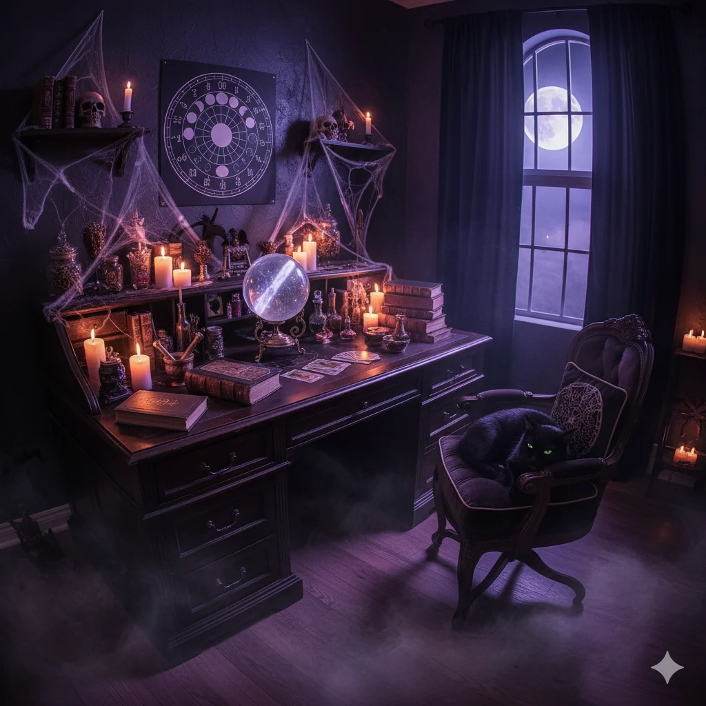 17 Spooky Season Home Decor Ideas That’ll Make Your Space Hauntingly Beautiful 7 Witchy home office setup with spell books