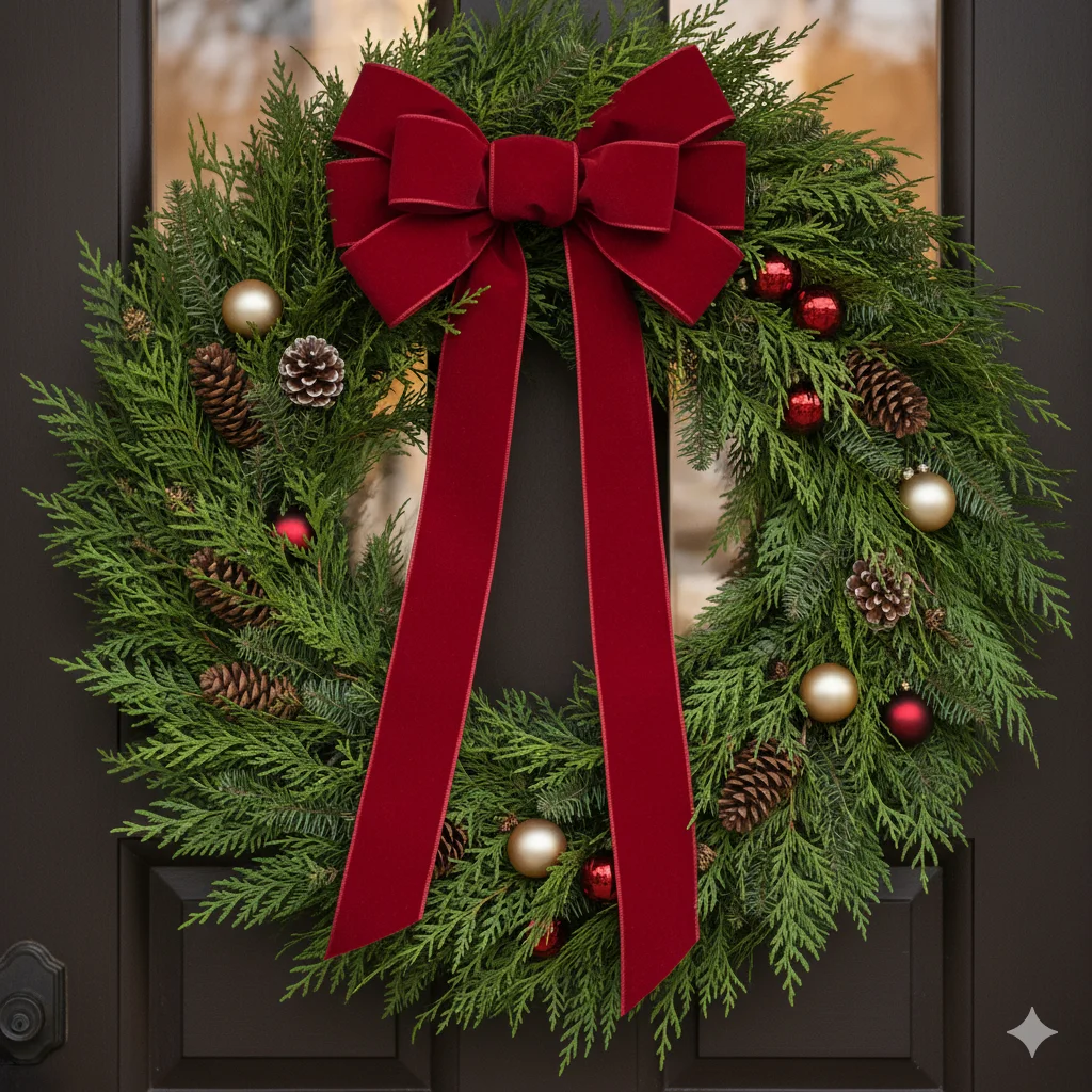 15 Christmas Entryway Decor Tips to Make Your Home Festive 7 Wreath with Velvet Ribbon