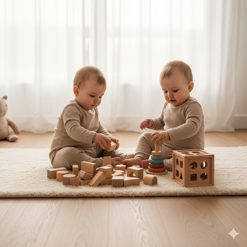 year old babies playing with eco friendly wooden Montessori toys