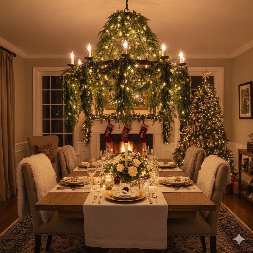 17 Christmas Chandelier Decorating Ideas to Elevate Your Holiday Decor 2 1. Classic Greenery Fairy Lights Chandelier