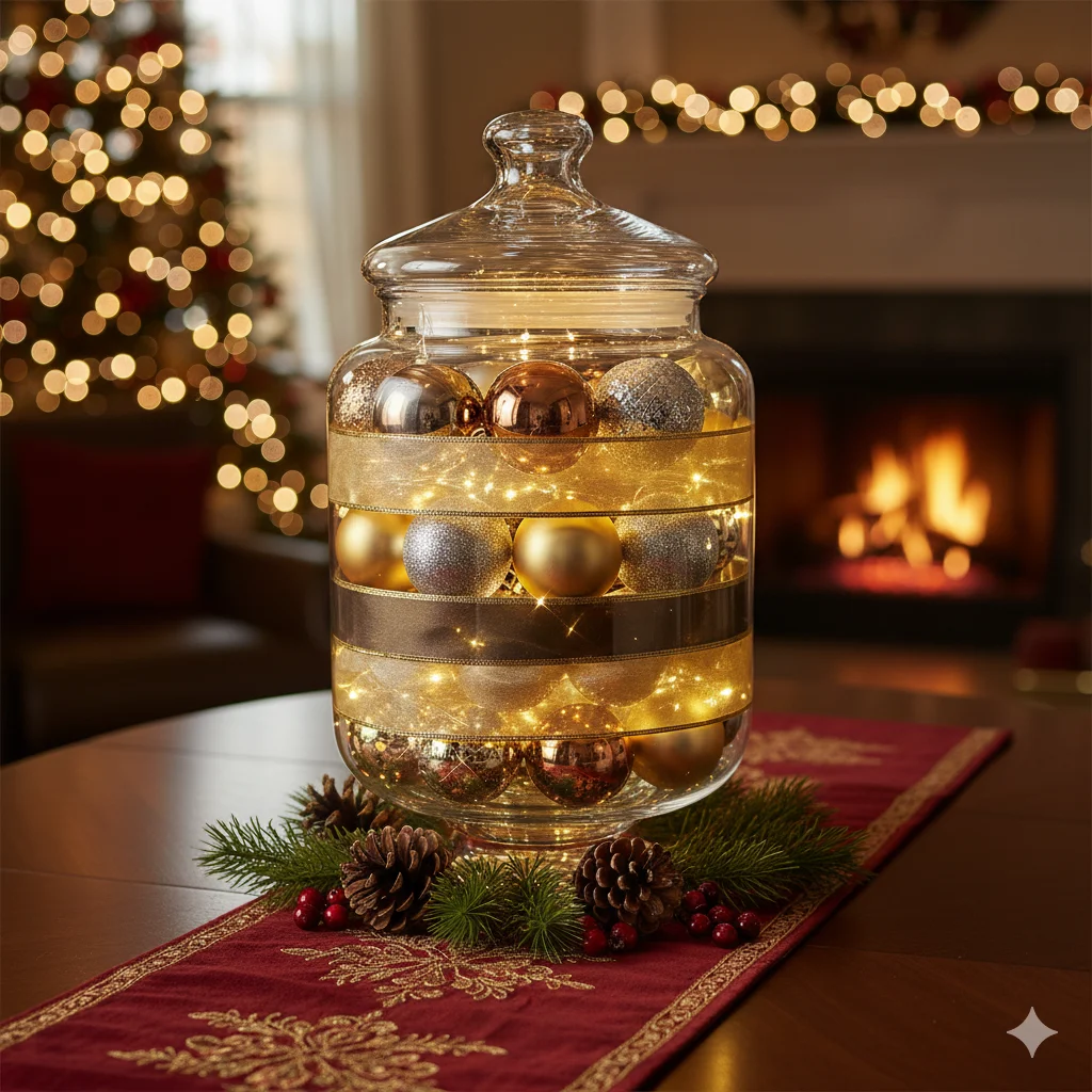 11 Budget-Friendly Christmas Apothecary Jars That Still Feel Luxurious 5 Apothecary jar with layered metallic ornaments and ribbons