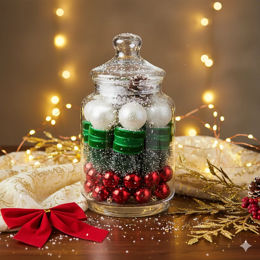 11 Budget-Friendly Christmas Apothecary Jars That Still Feel Luxurious 6 Apothecary jar with layered red green