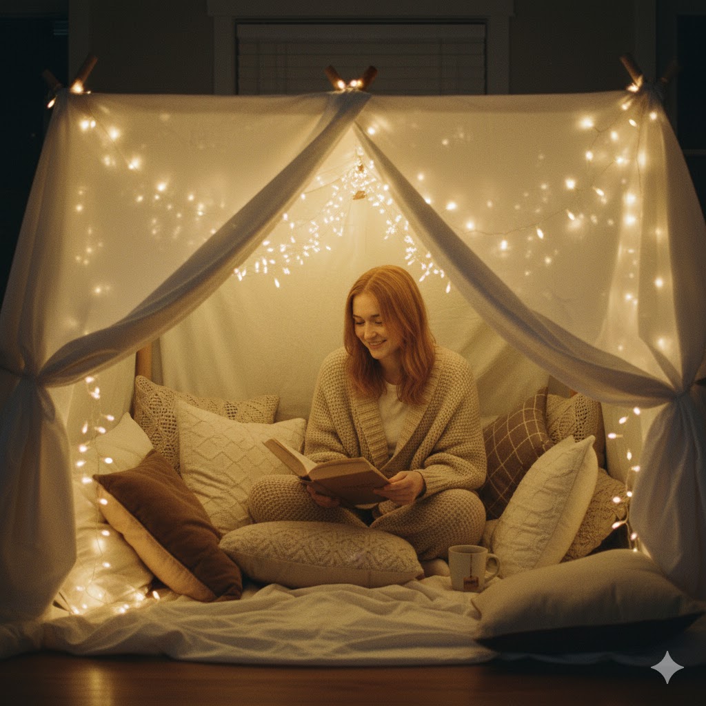 21 Creative At-Home Photoshoot Ideas for Aesthetic Indoor Photography (With Easy Setup Tips) 14 Blanket Fort Cozy Shoot