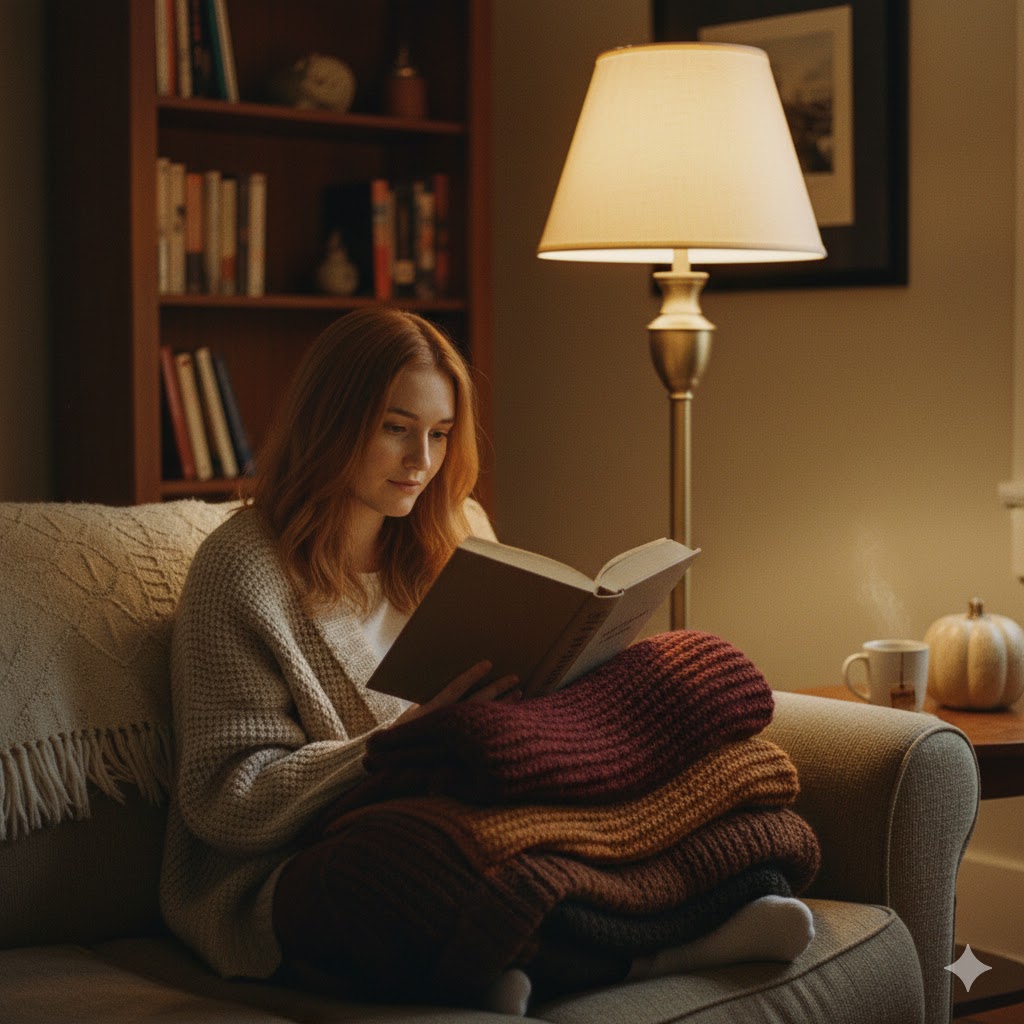 21 Creative At-Home Photoshoot Ideas for Aesthetic Indoor Photography (With Easy Setup Tips) 7 Book Lover Cozy Shot
