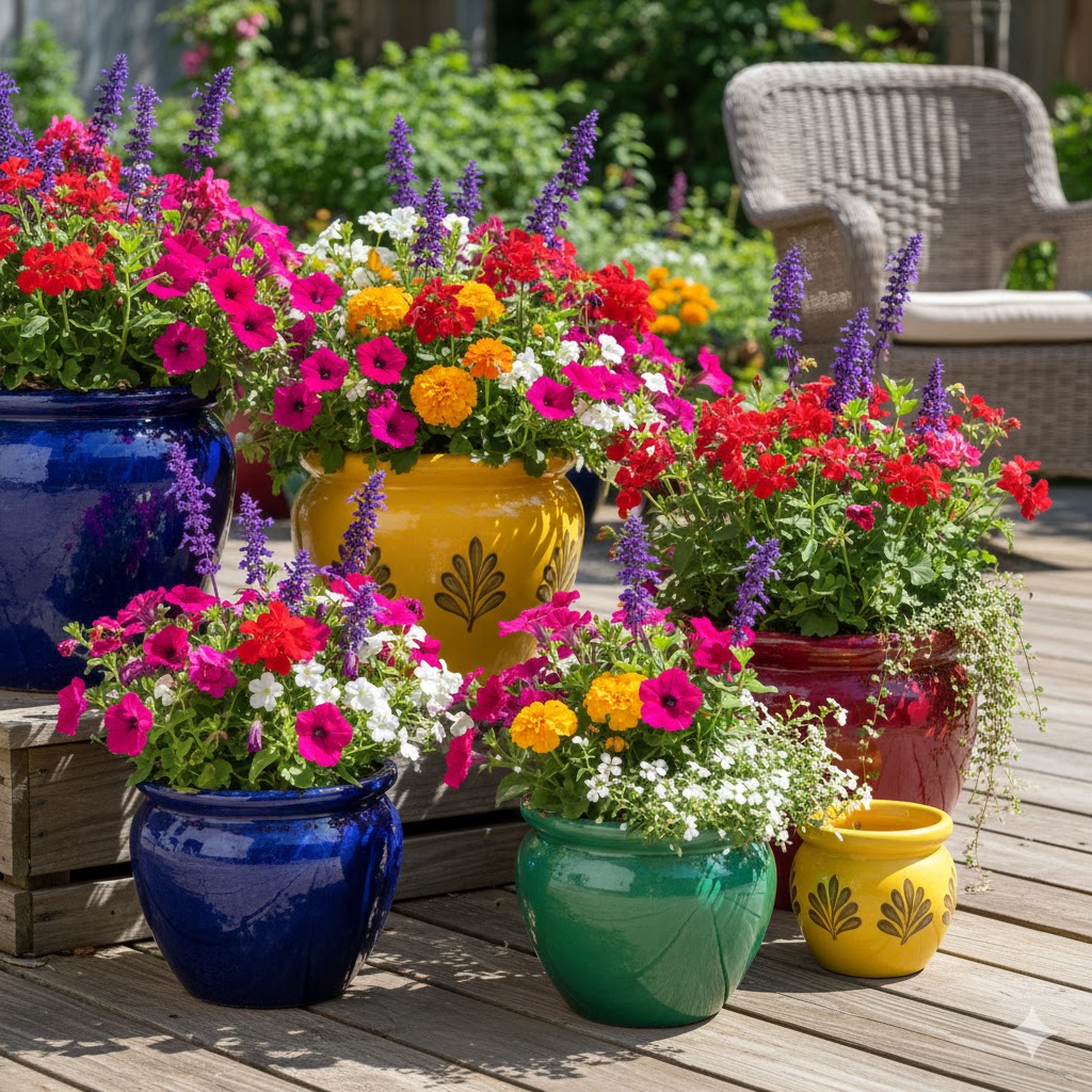 13 Stunning Deck Plant Ideas to Transform Your Outdoor Space in 2026 12 Colorful Ceramic Pots on Deck