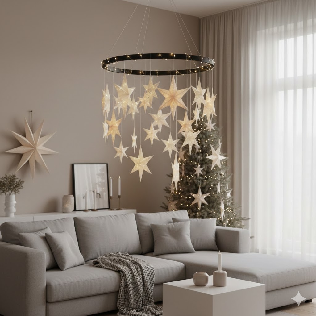 17 Christmas Chandelier Decorating Ideas to Elevate Your Holiday Decor 12 DIY Christmas chandelier with hanging paper stars