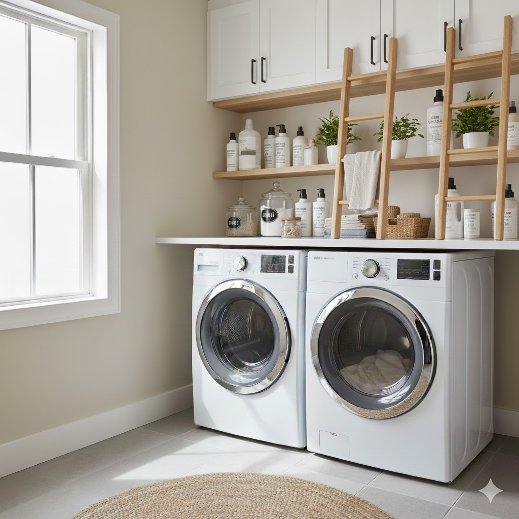 7 Laundry Room Shelf Ideas to Maximize Space and Style 7 Ladder Style Shelves