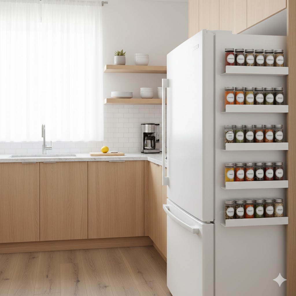 Magnetic spice racks on refrigerator