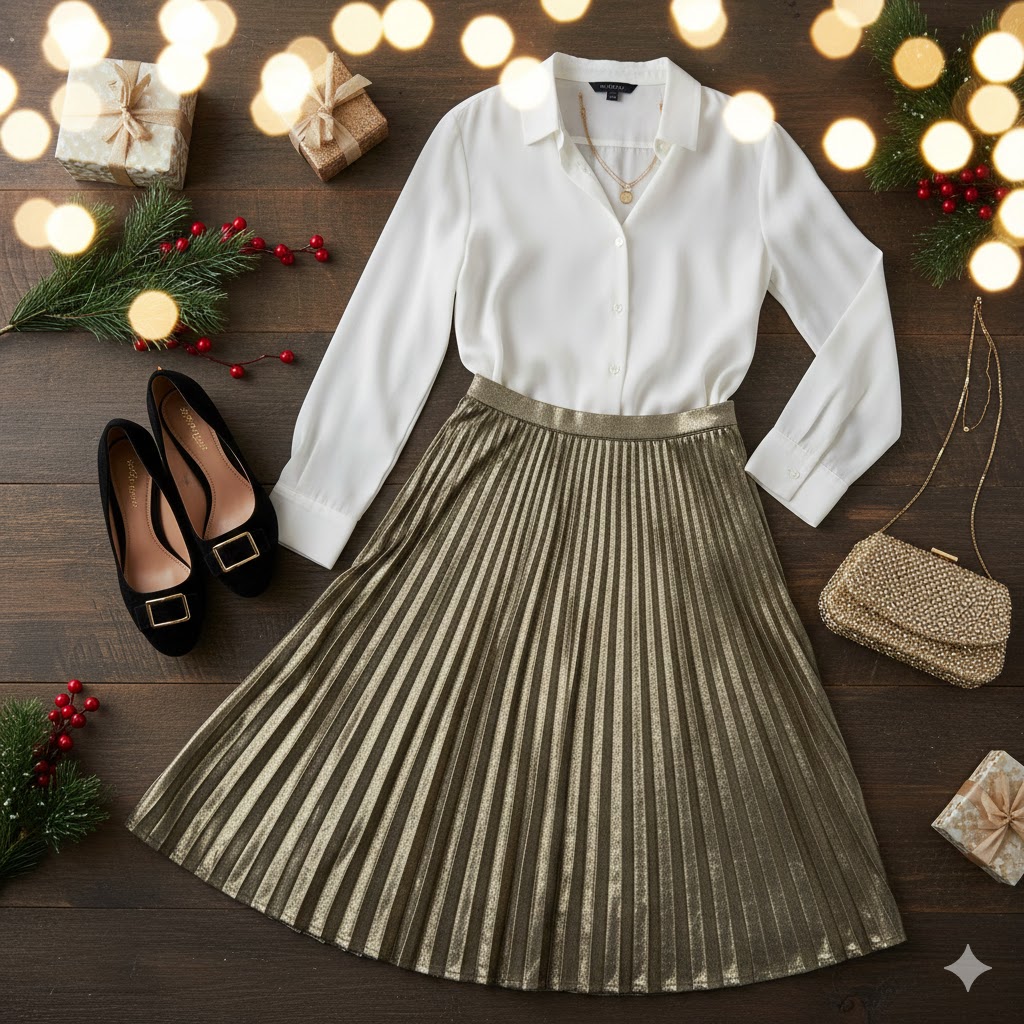 Metallic Pleated Skirt Blouse