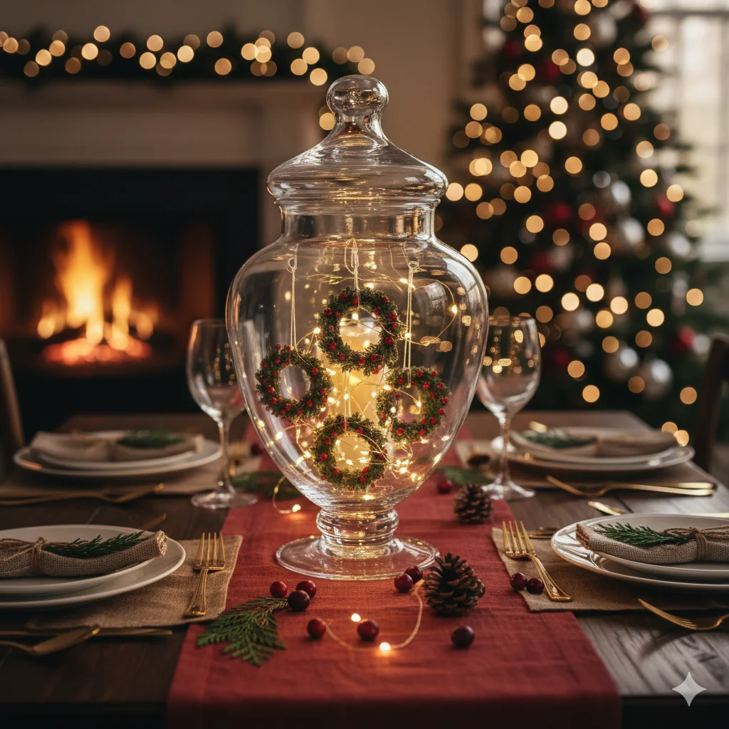 11 Budget-Friendly Christmas Apothecary Jars That Still Feel Luxurious 11 Mini decorative wreaths floating inside