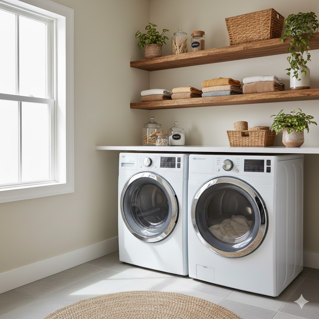 7 Laundry Room Shelf Ideas to Maximize Space and Style 4 Open Wooden Shelves