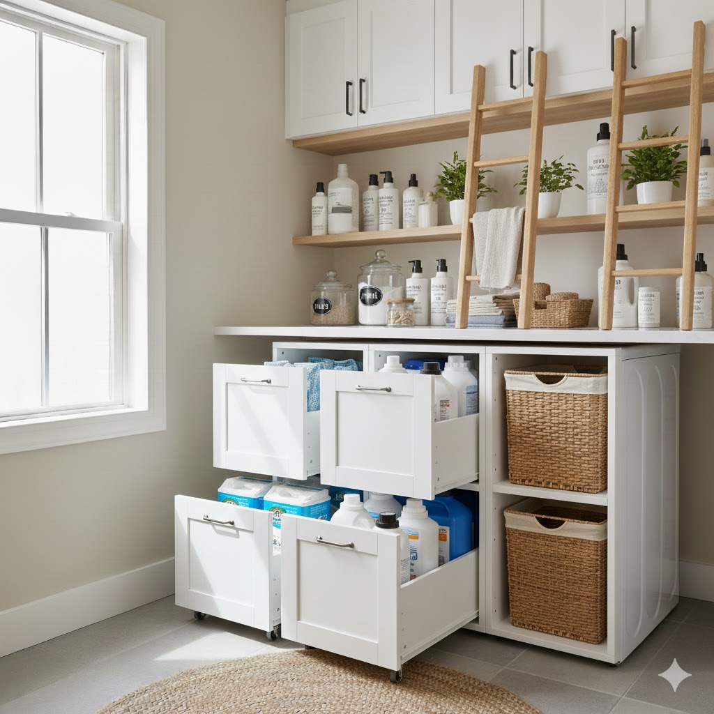 7 Laundry Room Shelf Ideas to Maximize Space and Style 8 Pull Out or Rolling Shelves