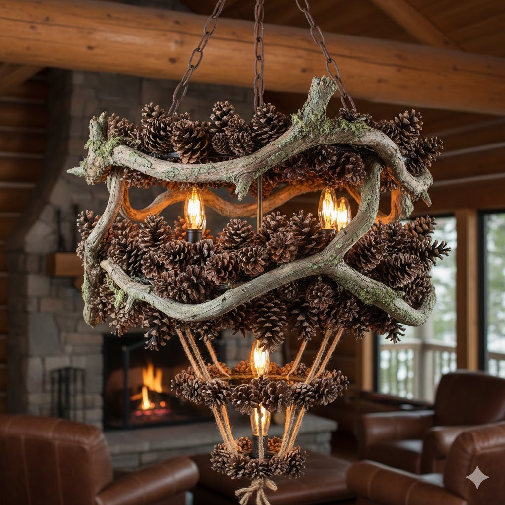 17 Christmas Chandelier Decorating Ideas to Elevate Your Holiday Decor 4 Rustic Pinecone Chandelier Decor