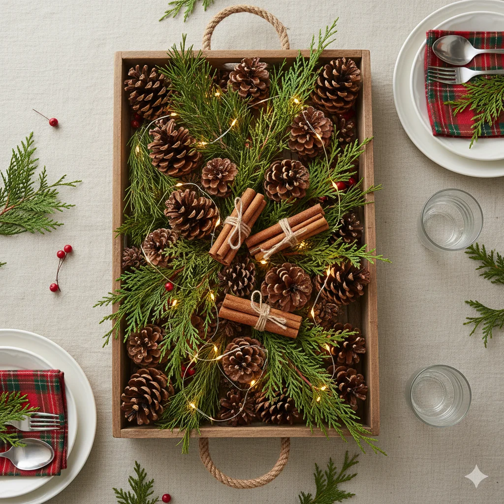 10 Stunning Christmas Centerpiece Tray Ideas for a Festive Table 9 Rustic Pinecone Tray