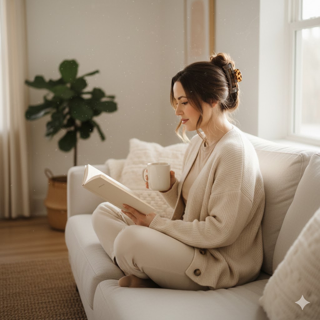 21 Creative At-Home Photoshoot Ideas for Aesthetic Indoor Photography (With Easy Setup Tips) 18 Sofa Reading Pose