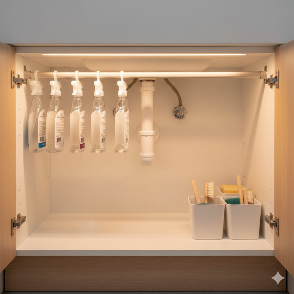 Tension rod under sink setup
