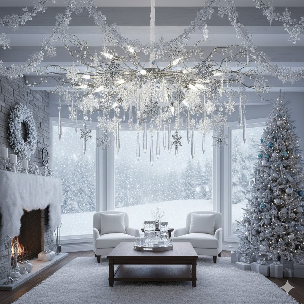 17 Christmas Chandelier Decorating Ideas to Elevate Your Holiday Decor 10 Winter wonderland Christmas chandelier