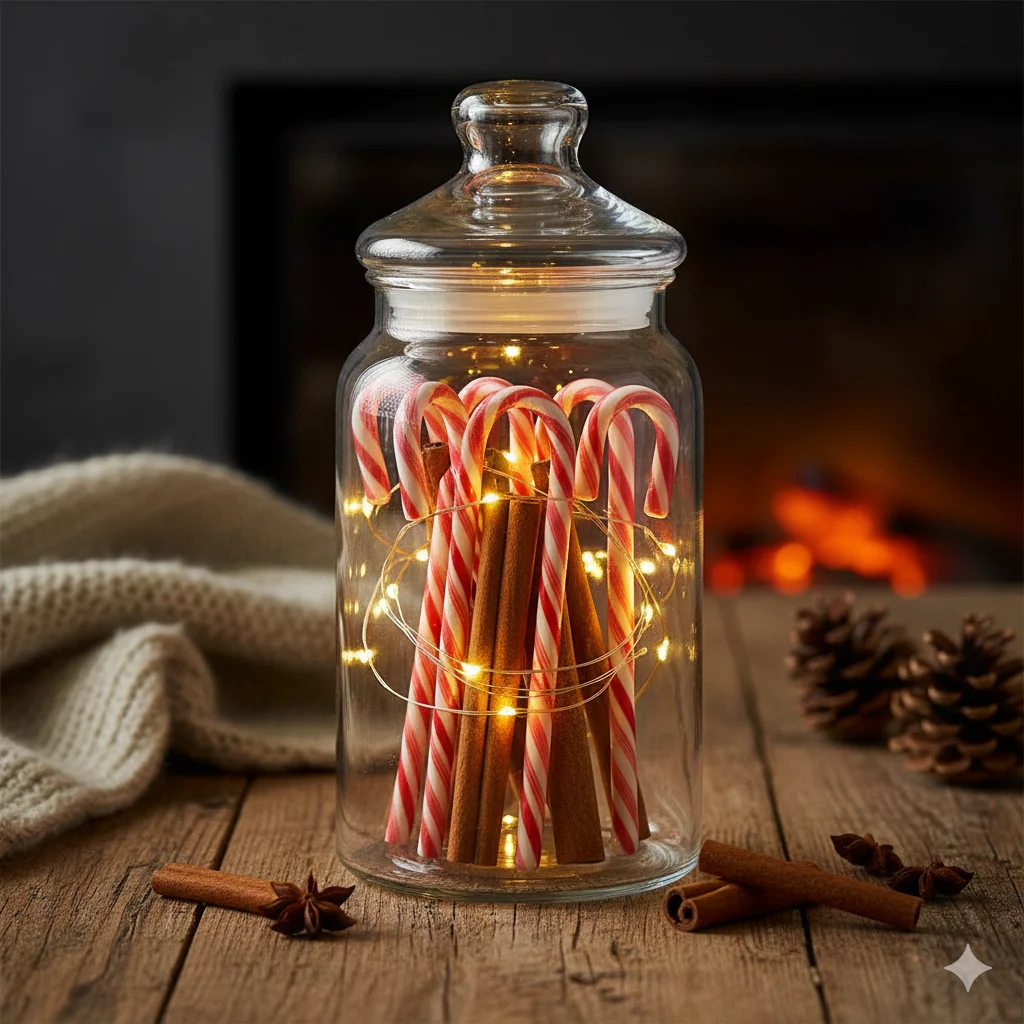 11 Budget-Friendly Christmas Apothecary Jars That Still Feel Luxurious 7 candy canes and cinnamon sticks arranged vertically