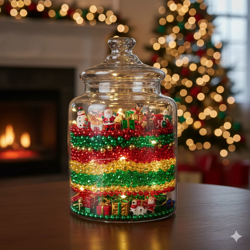 11 Budget-Friendly Christmas Apothecary Jars That Still Feel Luxurious 9 colorful beads and miniature holiday figurines