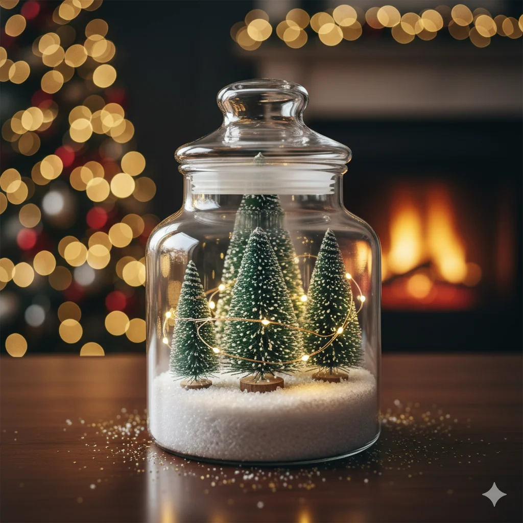 11 Budget-Friendly Christmas Apothecary Jars That Still Feel Luxurious 4 miniature Christmas trees and snow inside an apothecary jar