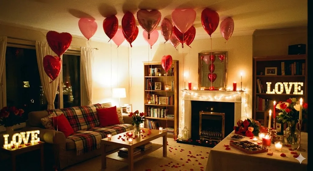 13 Iconic Valentine’s Day Mental Decor Ideas to Melt Hearts in 2026 4 A living room decorated with red and pink heart shaped balloons