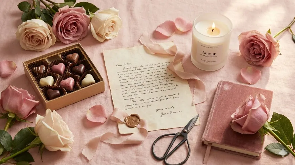 20 Valentine’s Day Gift Ideas for Your Loved One (2026 Edition) 7 Aesthetic Valentines Day gift flat lay