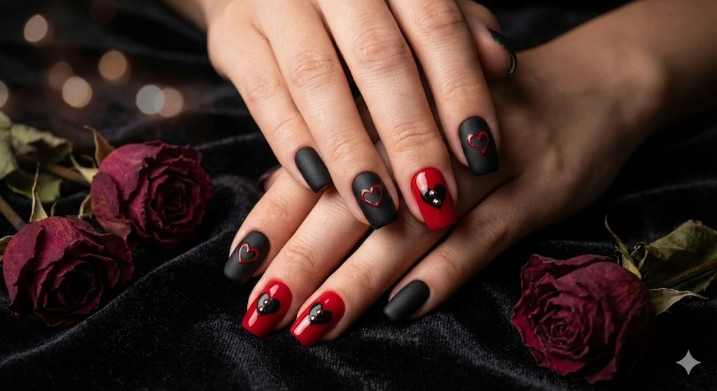 20 Nail Ideas for Valentine’s Day That Everyone Will Love 9 Black Red Valentine Nails
