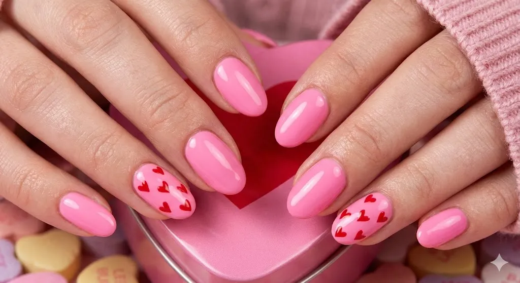 Bubblegum Pink Nails with Heart Accents