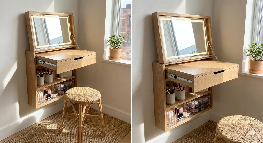 16 Gorgeous Makeup Vanity Ideas for Stylish & Organized Beauty Spaces 5 Compact Vanity for Small Spaces
