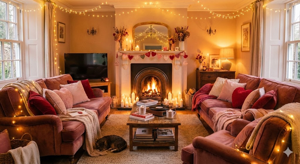 17 Valentine’s Day Living Room Decor Ideas to Create a Romantic Home 5 Cozy Valentine living room with fairy lights