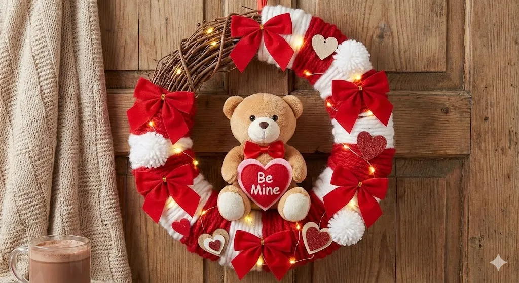 Cute Valentine wreath with teddy bear