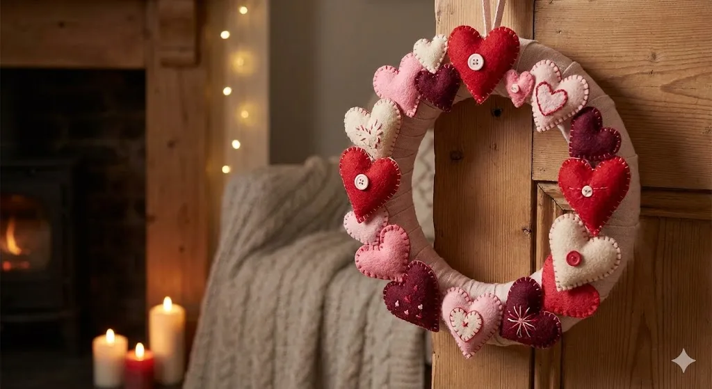 DIY felt heart Valentine wreath