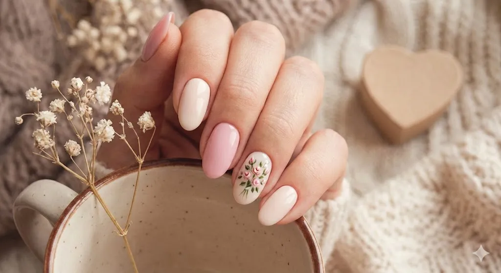Floral Accent Valentine Nails