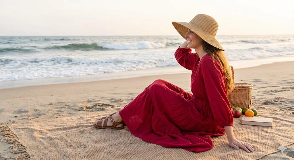 13 Stylish Valentine's Day Outfit Ideas for Every Occasion 8 Flowy red maxi dress with sandals